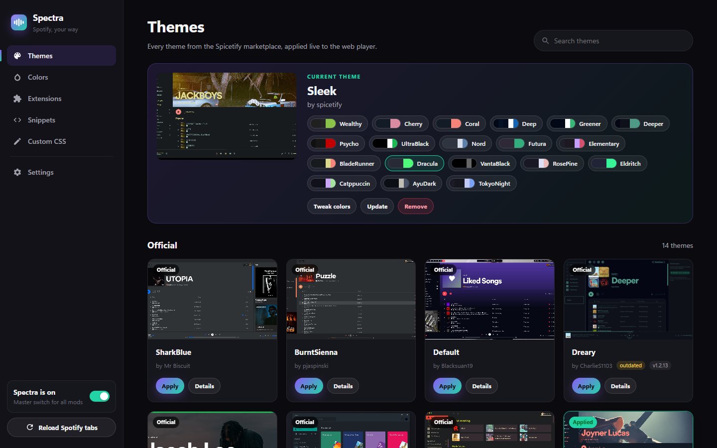 Spectra's dashboard showing the current theme and a grid of official themes